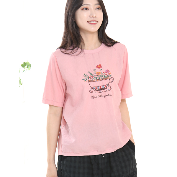 ZE4322 꽃컵 반소매 라운드 티셔츠